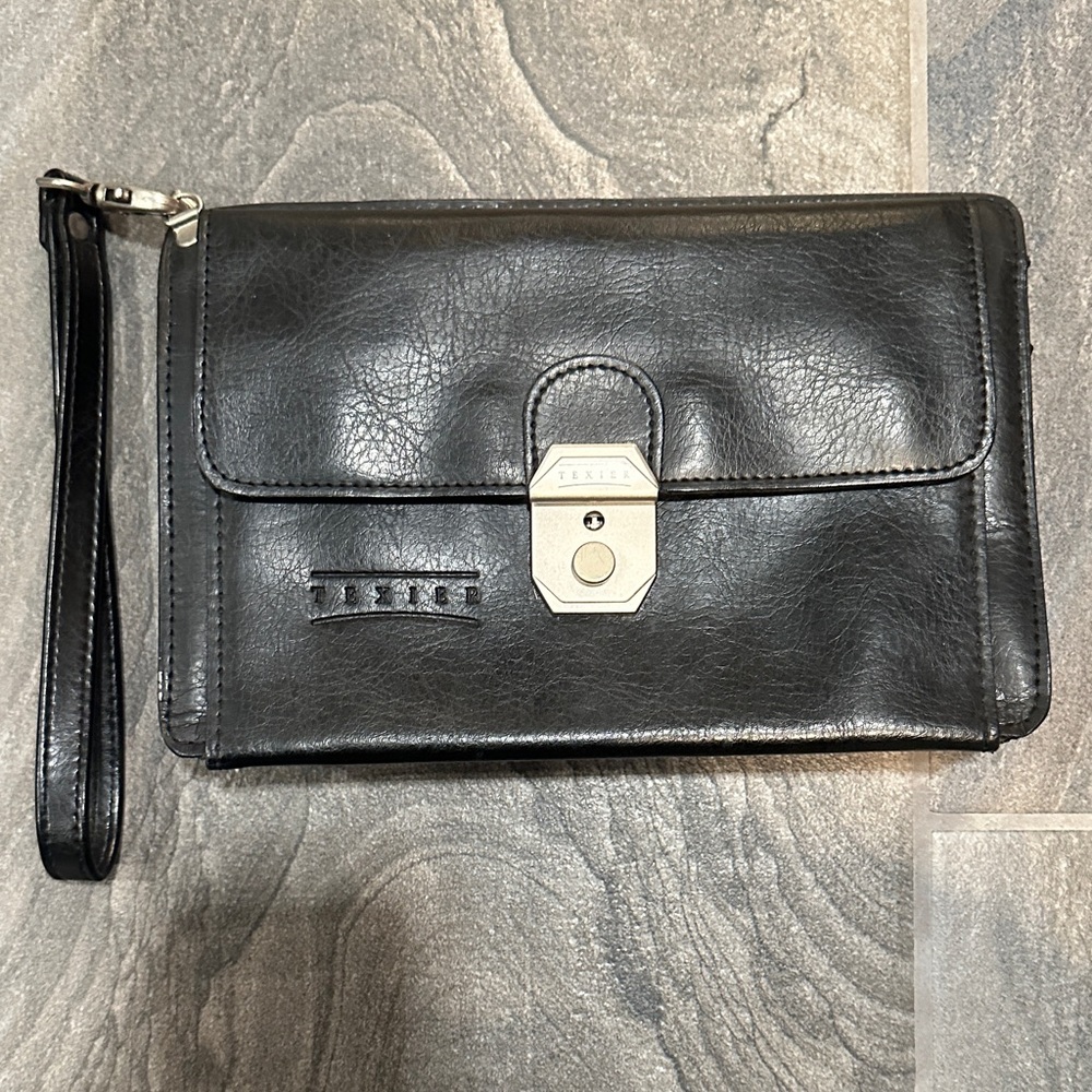 Vintage Texier Black Structured Leather Clutch with Classic Closure